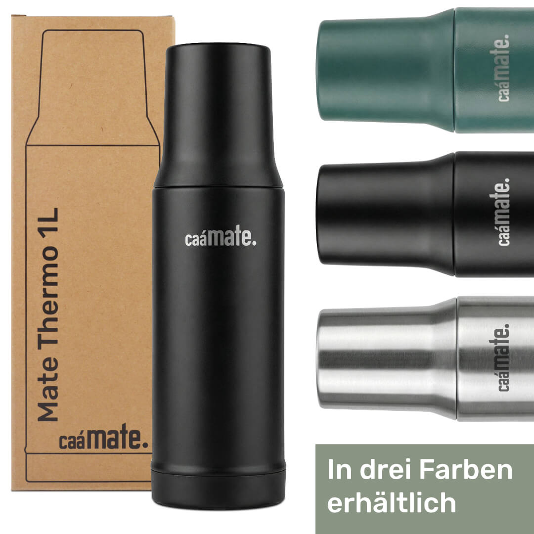 Thermosflasche verschiedenen Farben in grün, schwarz und silber